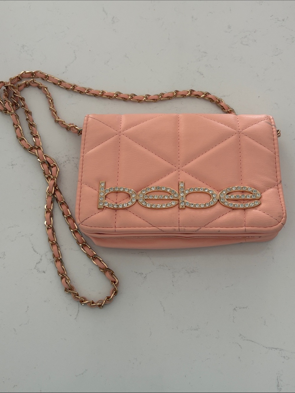 bebe Quilted Chain-Strap Crossbody Bag in Peach